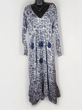 Roller Rabbit Blue and White Floral V-Neck Maxi Dress with Tassel Detail